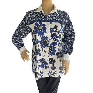 Bob Mackie Wearable Art Tunic Top White Blue Floral Button Up Women’s Size Small